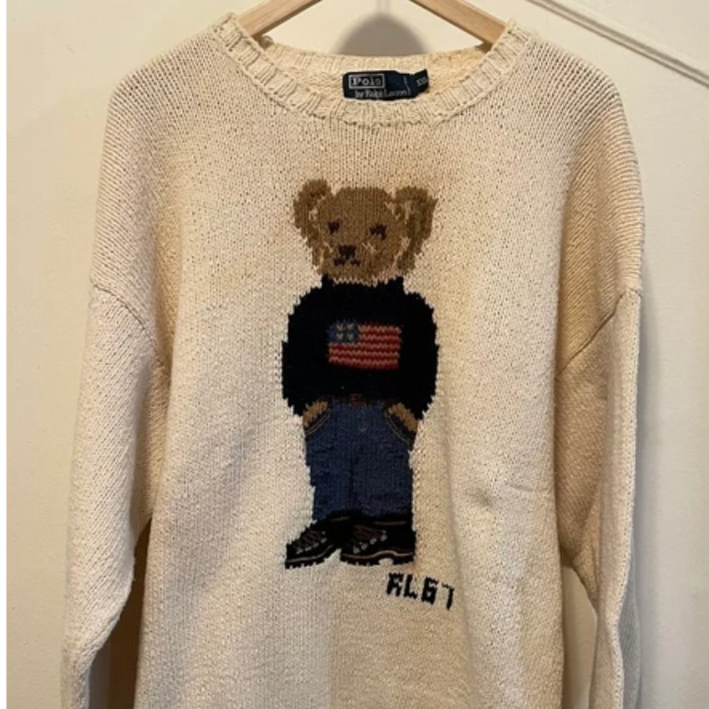 RL67 Vintage Ralph Polo Bear Sweater, Cream, XXL,